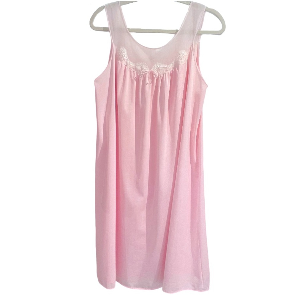 COPY - True Vintage 50s 60s Pink Nylon Short Nightgown with Lace & Bow Detail